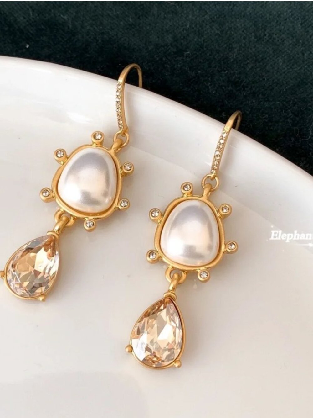 Oscar de la Renta Faux Pearl & Champagne Crystal Drop Earrings
